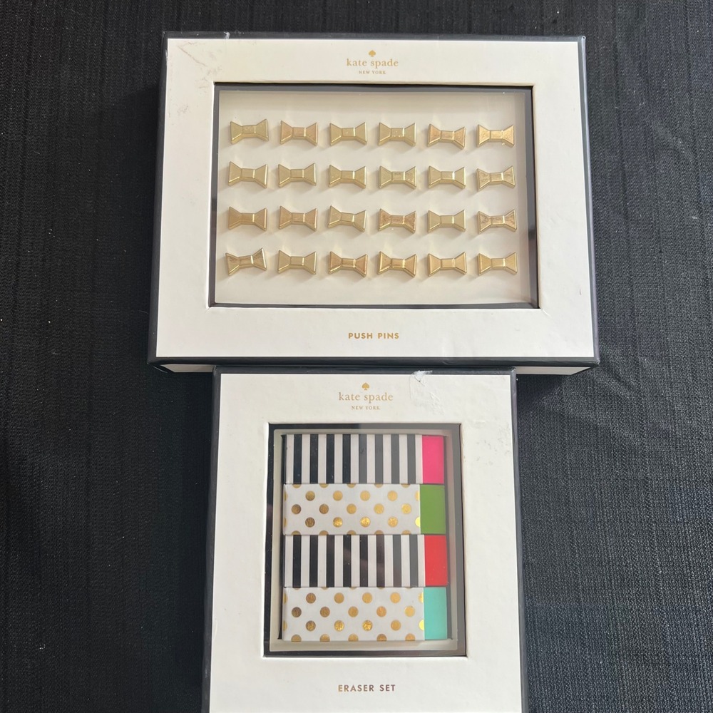 Kate Spade New York Gold Bow Push Pins and Striped‎ Polka Dot Eraser Set Bundle